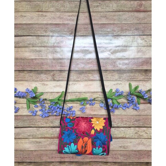 NWOT Mexican Embroidered Crossbody Envelope Purse Multicolor Floral Tassels - Picture 5 of 11
